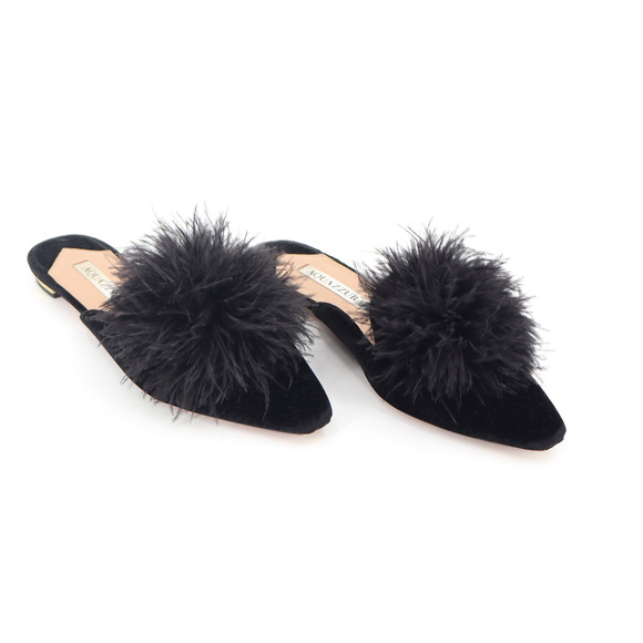 Aquazzura Shoes - Aquazzura Woman's Boudior Feather Detail Slippers In Black Sz 36